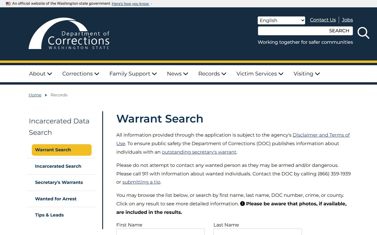 Washington Warrant Records DOC warrant search